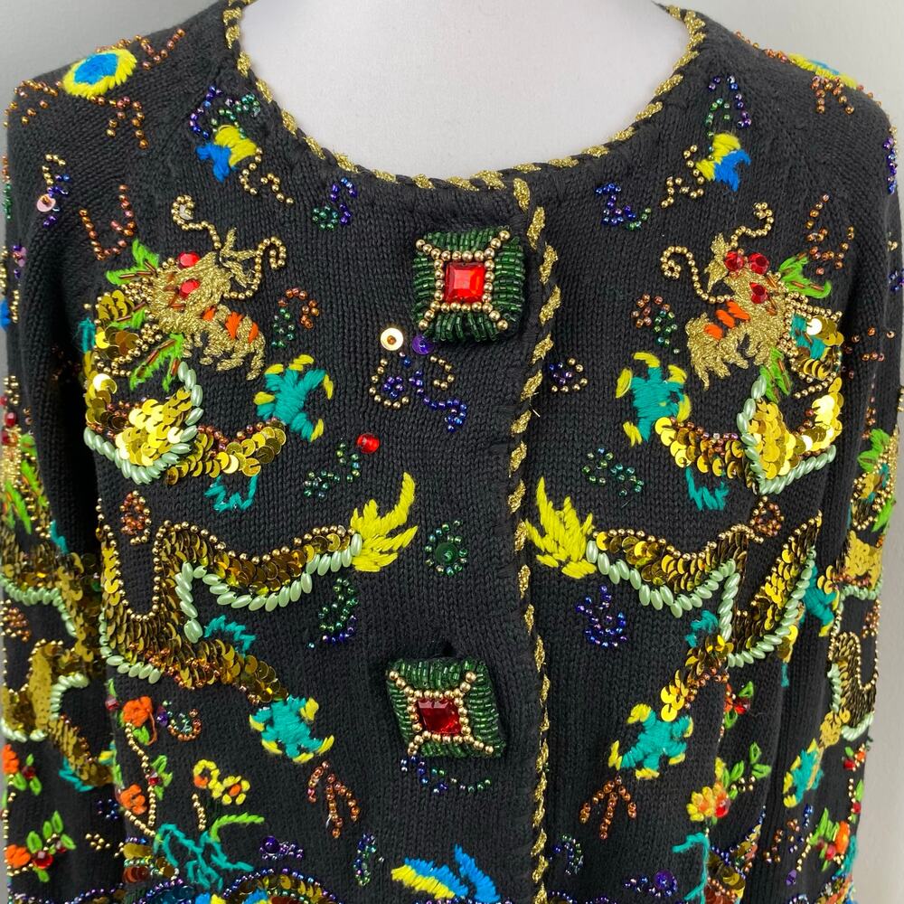 Michael Simon Vintage Year of the Dragon Embroidery Beaded Artwork Sweater Sz 2 - Picture 2 of 9